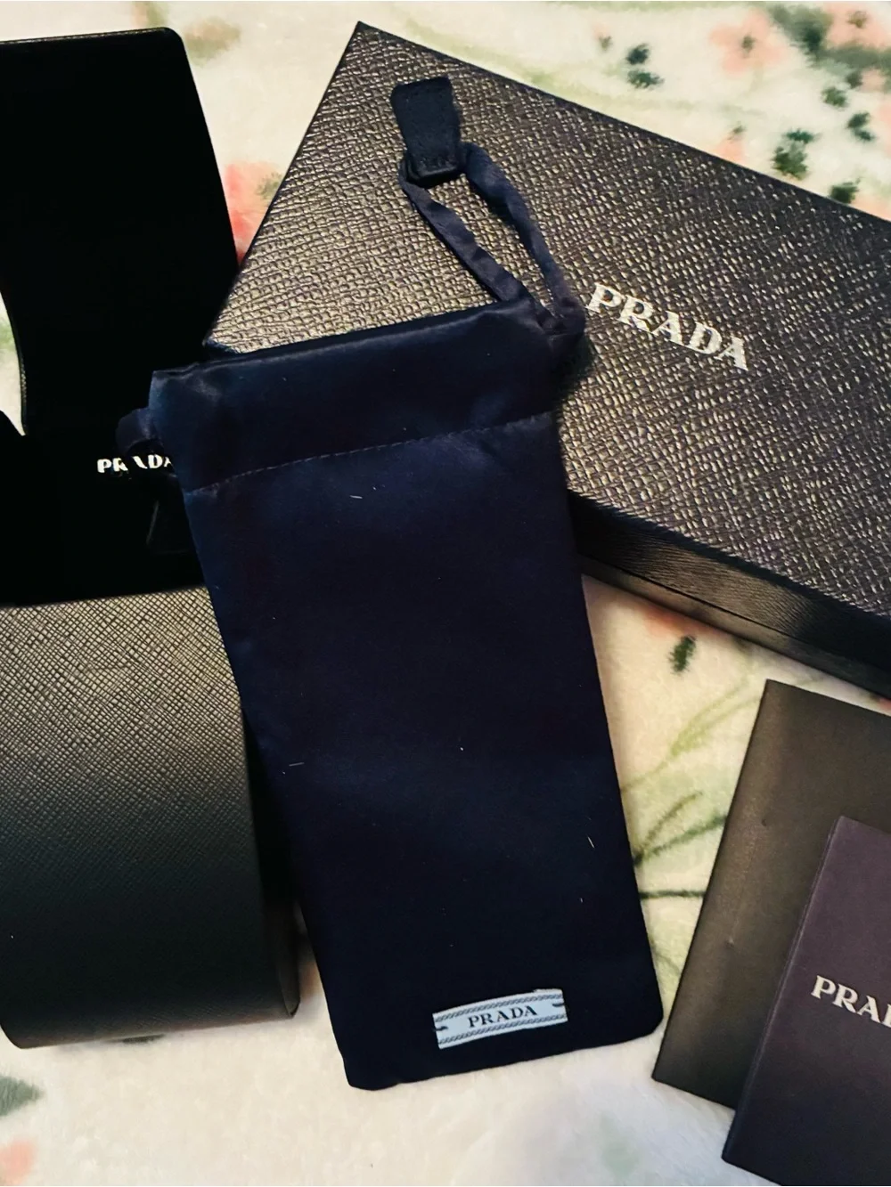PRADA Black Box with Navy Drawstring Pouch and Accessories